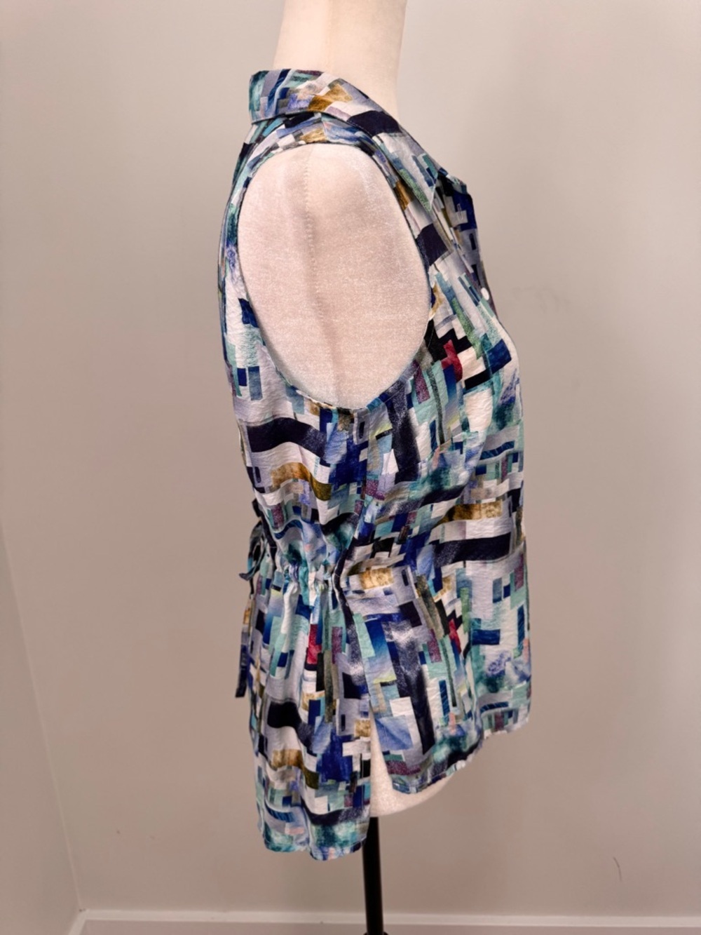 Sleeveless Button-Front Collared Top in Multicolor Blue Print Sz S - Picture 5 of 12